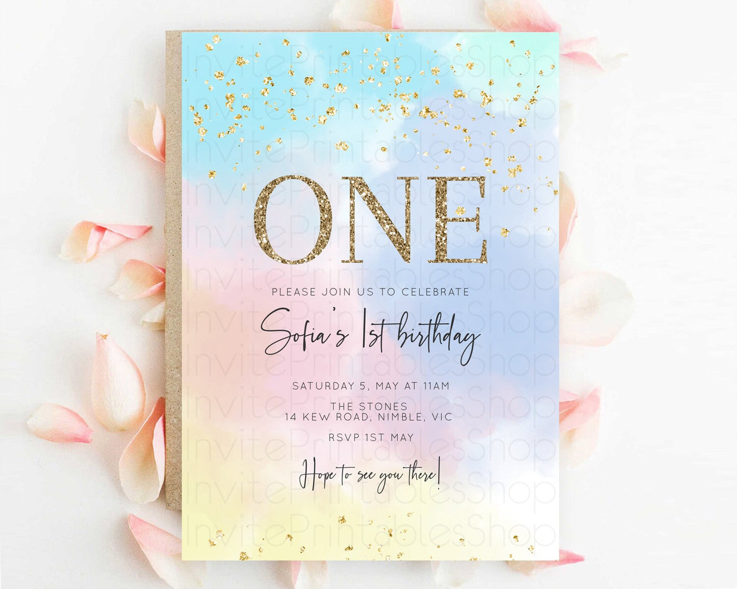 Rainbow Birthday Invitation Colorful Pastel Watercolor Invitation Gold Glitter Sprinkles Ombre Pastel 1st 2nd 3rd Birthday D10368