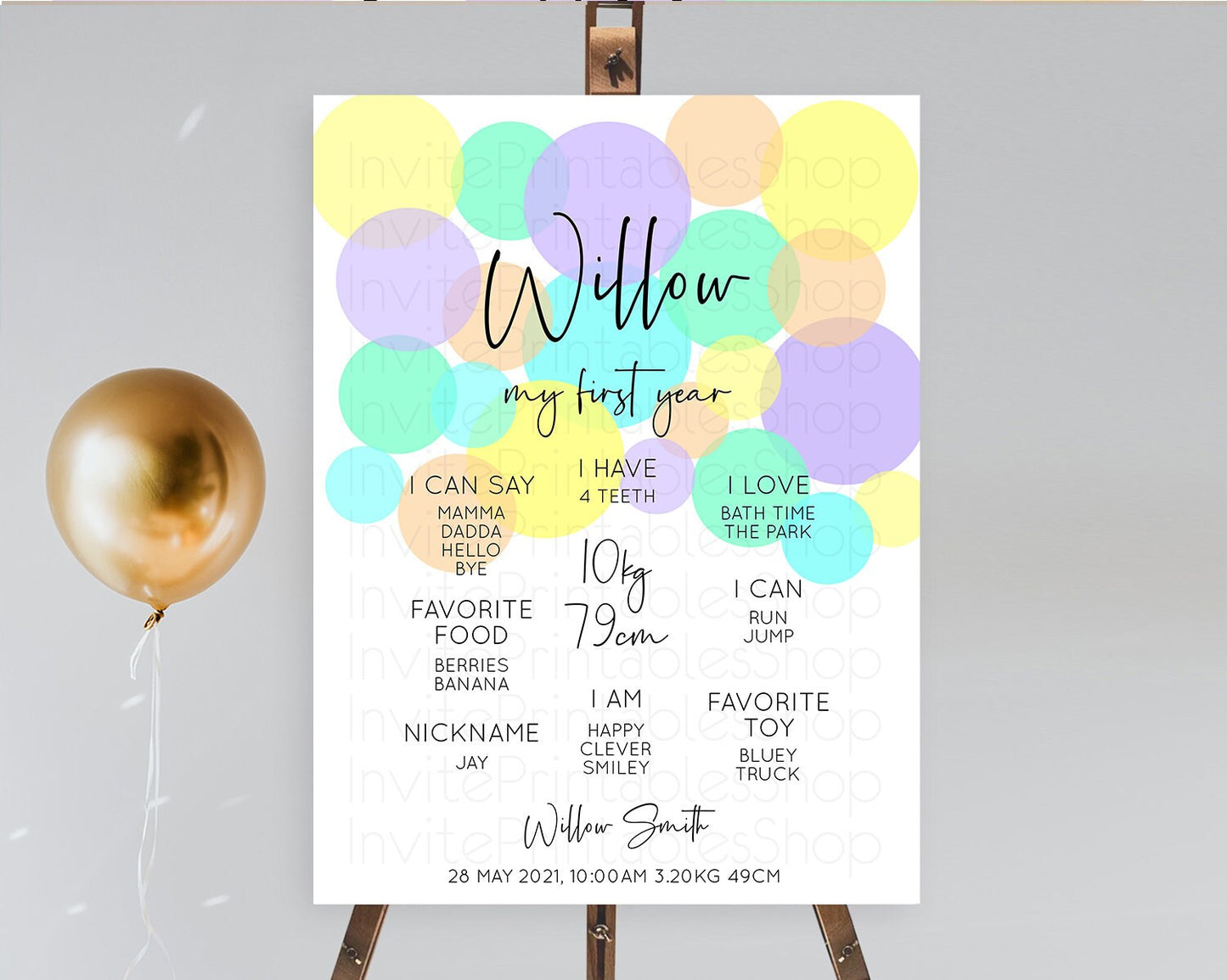 Pastel First Birthday Milestone Poster Pastel Rainbow Confetti First Birthday Milestone Board Colorful Bubbles Birthday Welcome Sign D10412