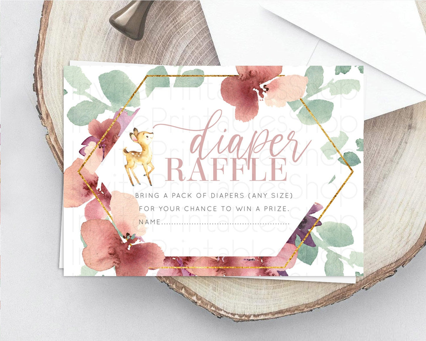 Fawn Diaper Raffle Card Deer Diaper Insert Floral Deer Diaper Ticket Enchanted Forest Butterfly Pastel Baby Shower Raffle Game D10915