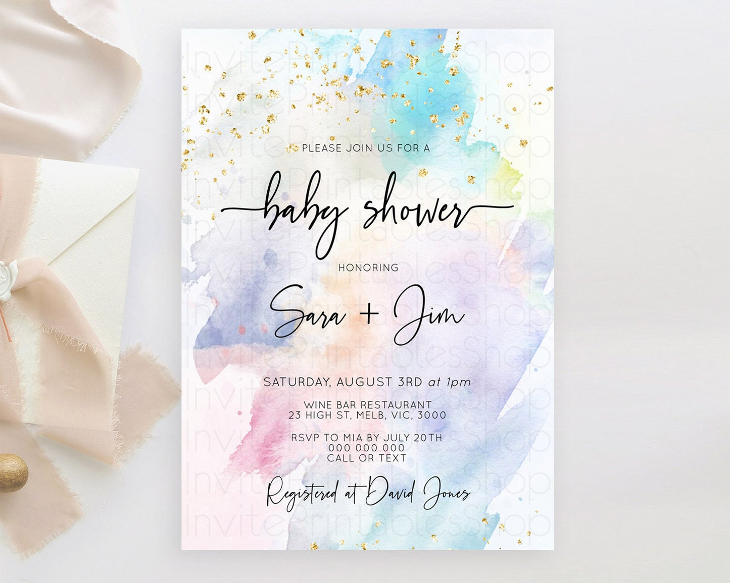 Pastel Baby Shower Invitation Rainbow Baby Shower Invitation Colorful Pastel Watercolor Invitation Gold Glitter Sprinkles Ombre D10424