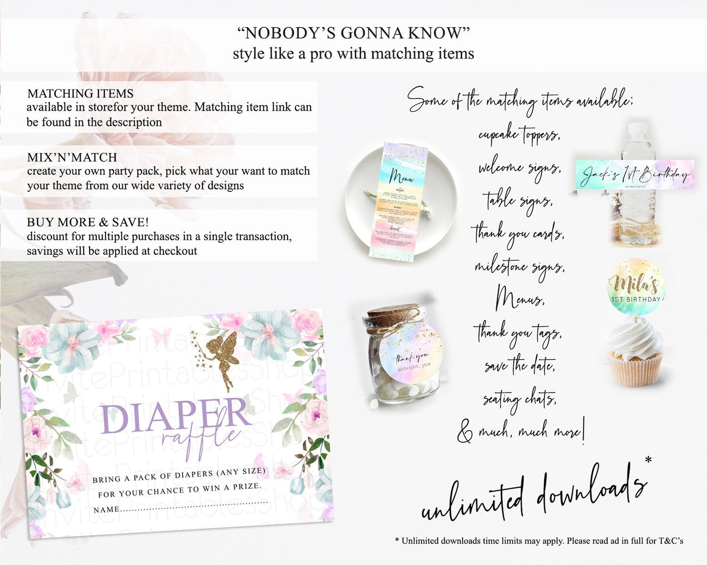 Fairy Diaper Raffle Card Fairy Diaper Insert Enchanted Garden Fairy Diaper Ticket Pastel Floral Butterfly Secret Garden Raffle Game D10475