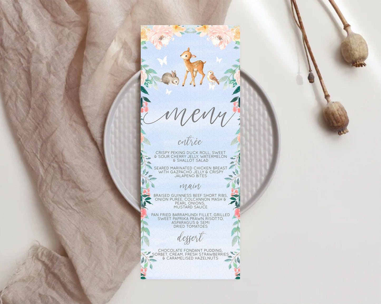Fawn Menu Deer Menu Template Pastel Floral Deer Table Decor Enchanted Forest Butterfly Floral Dinner Dessert Menu Party Food Menu D10920