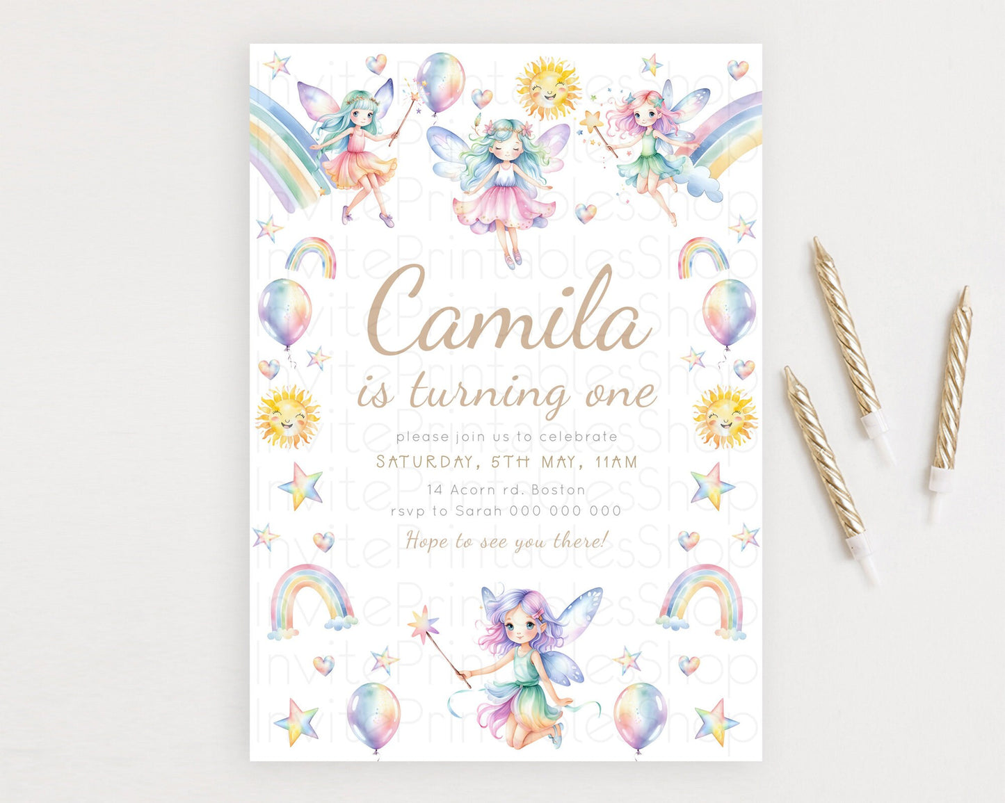 Rainbow Fairy Birthday Invitation Pastel Birthday Invitation Magical Pastel Fairy Party Theme Pastel Stars Heart Sun 1st 2nd Birthday D23373