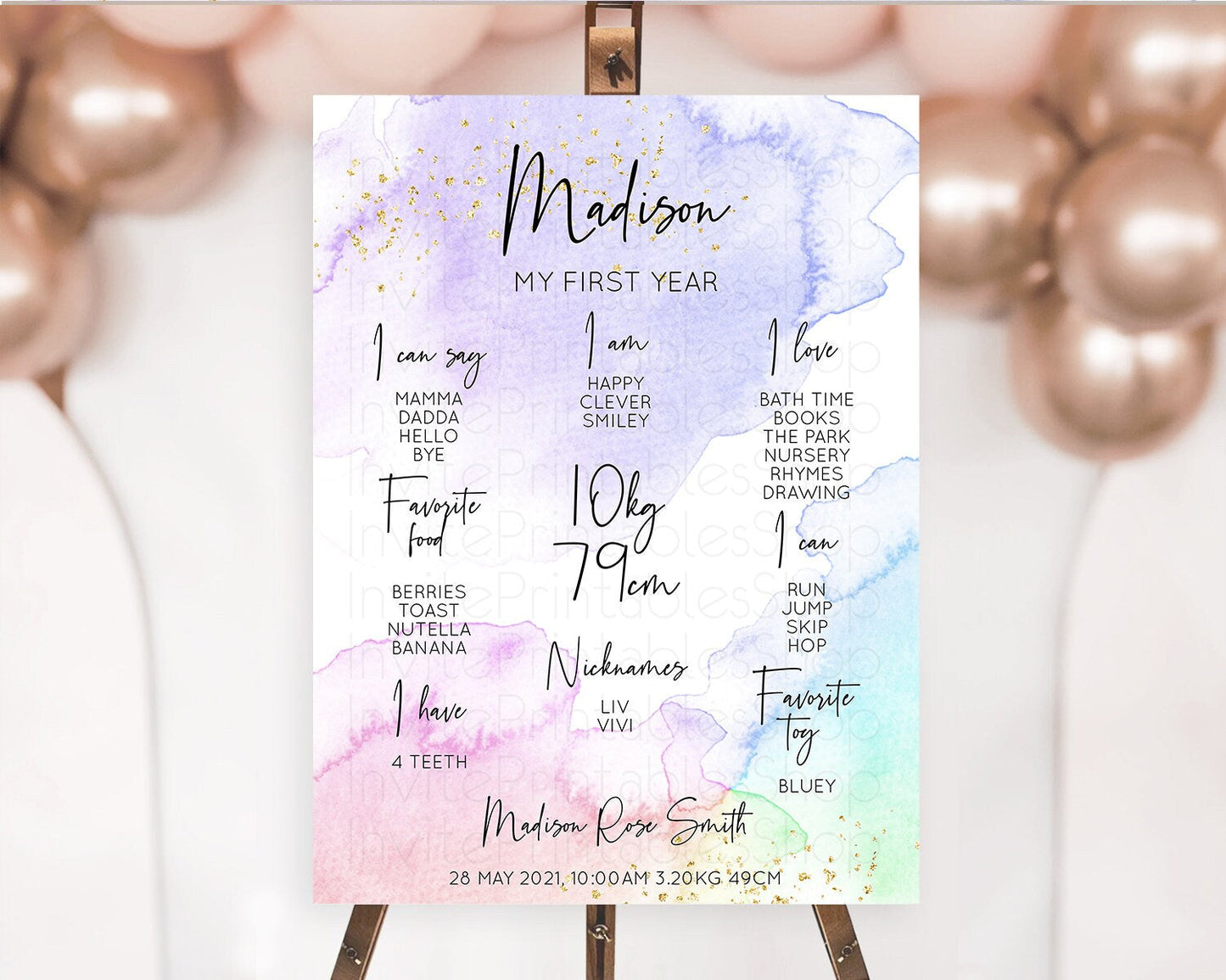 Pastel First Birthday Milestone Board Pastel Rainbow Milestone Poster Colorful Confetti Watercolor Glitter 1st Birthday Welcome Sign D10215