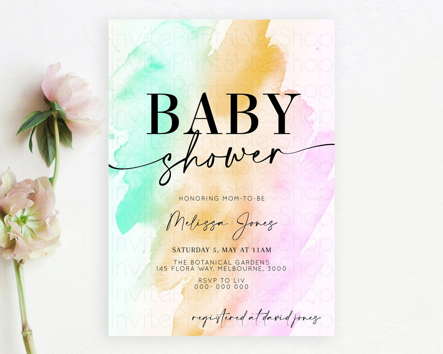 Pastel Baby Shower Invitation Rainbow Baby Shower Invitation Colorful Pastel Watercolor Invitation Gold Glitter Sprinkles Ombre D10962