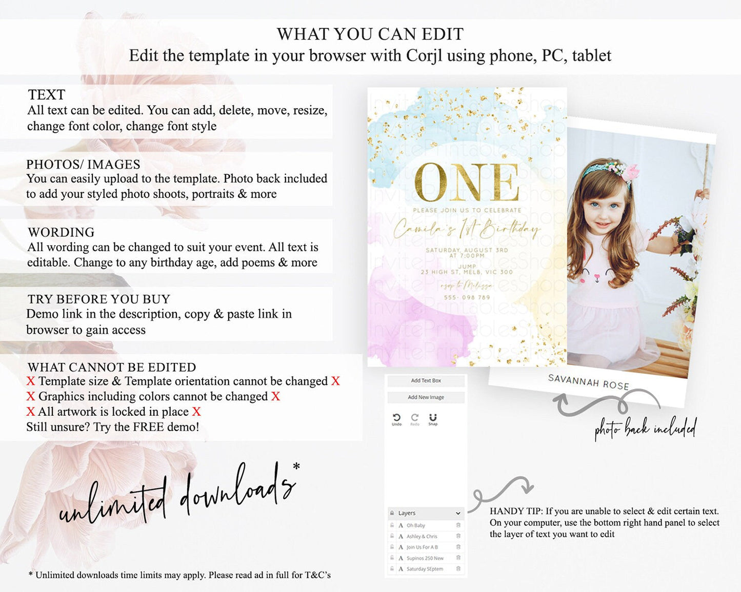 Rainbow Birthday Invitation Colorful Pastel Watercolor Invitation Gold Glitter Sprinkles Ombre Pastel 1st 2nd 3rd Birthday D10204