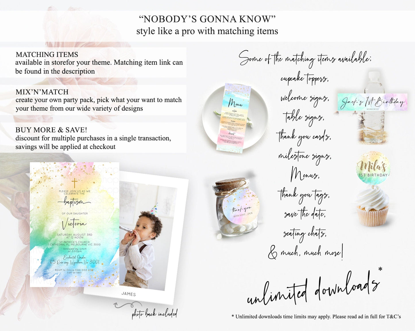Pastel Baptism Invitation Pastel Colors Watercolor Baptism 1st Birthday Party Gold Ombre Pastel Rainbow Christening Holy Communion D10256