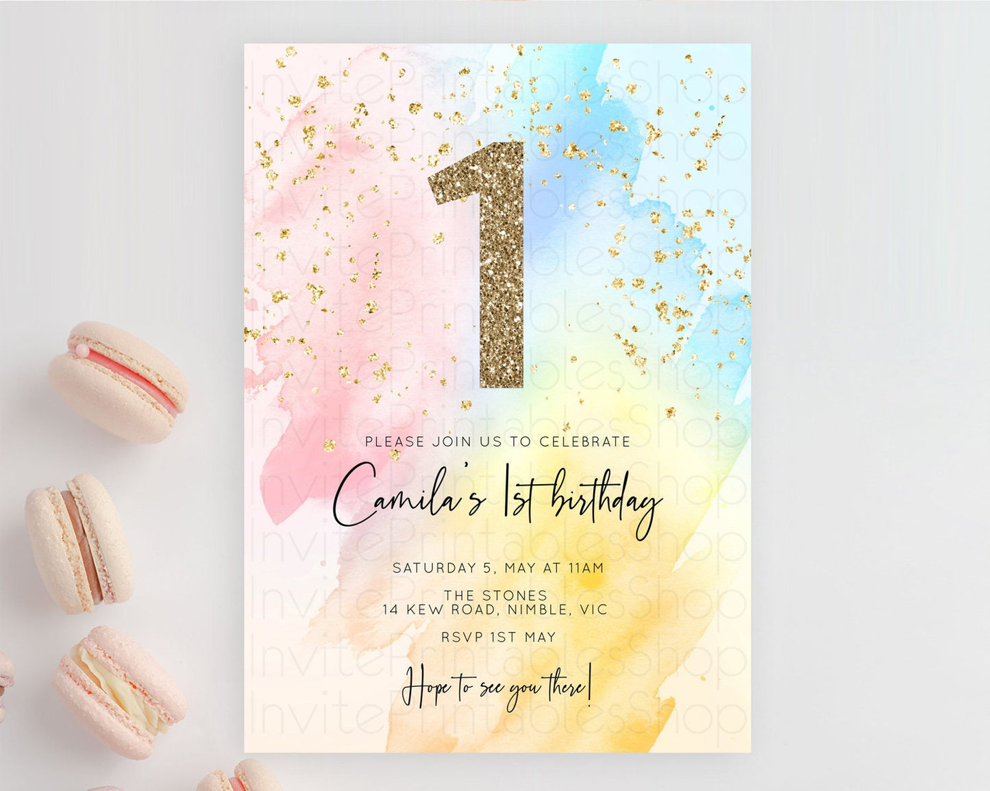 Rainbow Birthday Invitation Colorful Pastel Watercolor Invitation Gold Glitter Sprinkles Ombre Pastel 1st 2nd 3rd Birthday D10557
