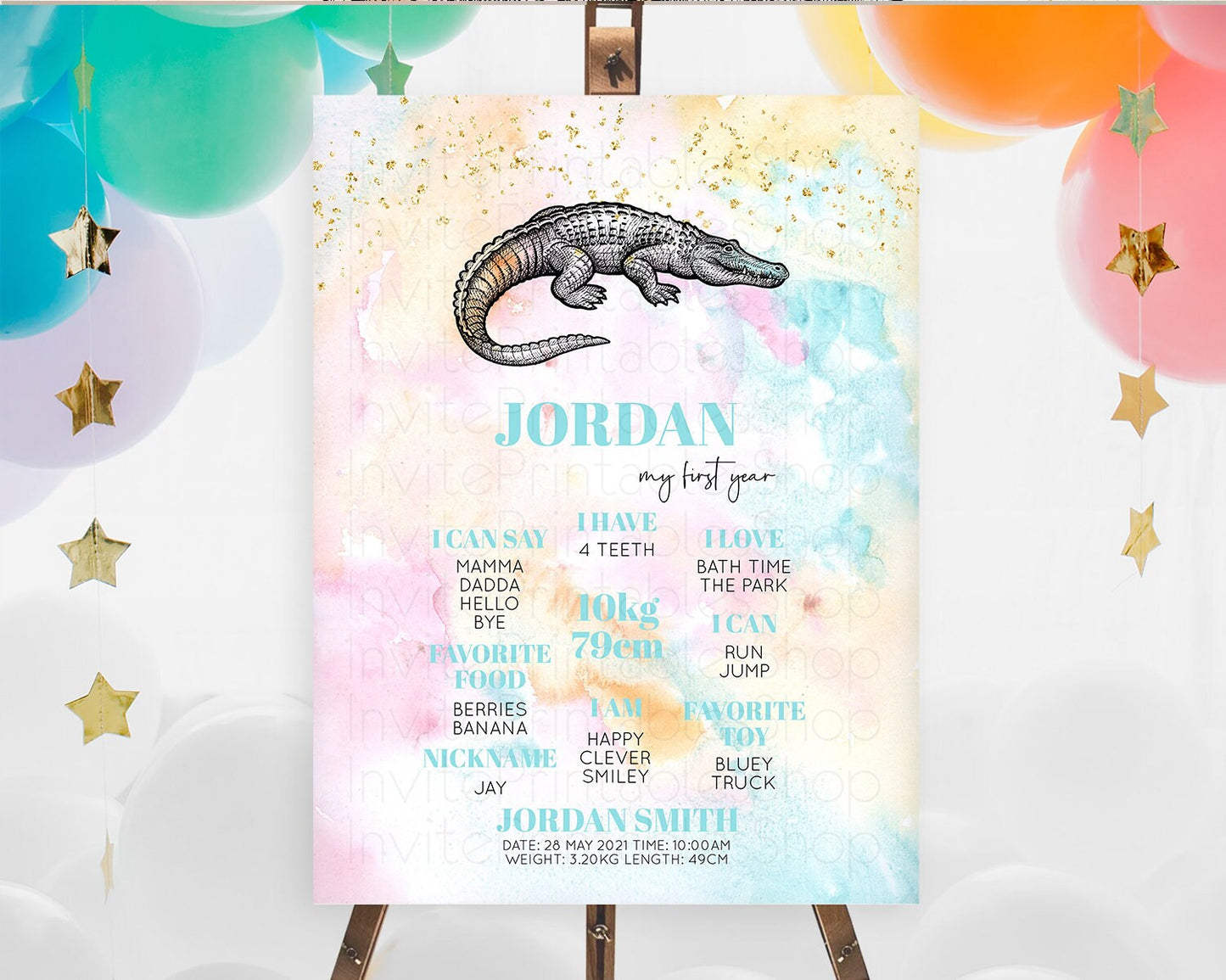 Pastel Crocodile First Birthday Milestone Board Pastel Watercolor Alligator Milestone Poster Colorful Rainbow Birthday Welcome Sign D10285