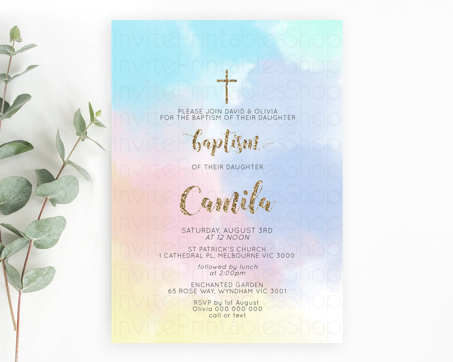 Pastel Baptism Invitation Pastel Colors Watercolor Baptism 1st Birthday Party Gold Ombre Pastel Rainbow Christening Holy Communion D10378