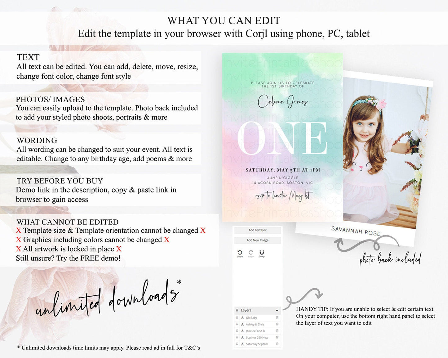 Rainbow Birthday Invitation Colorful Pastel Watercolor Invitation Gold Glitter Sprinkles Ombre Pastel 1st 2nd 3rd Birthday D10375