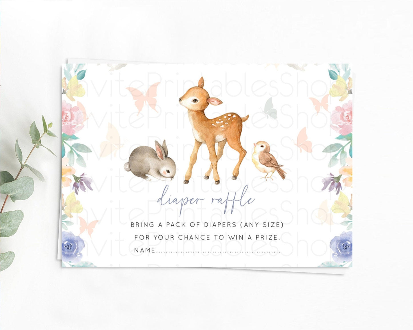 Fawn Diaper Raffle Card Deer Diaper Insert Floral Deer Diaper Ticket Enchanted Forest Butterfly Pastel Baby Shower Raffle Game D10930