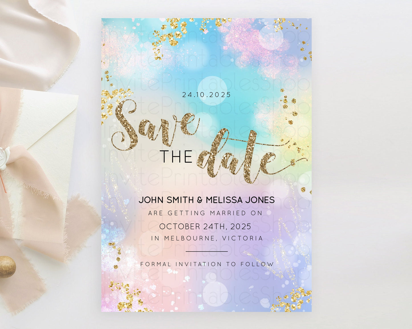 Pastel Save The Date Template Pastel Ombre Rainbow Watercolor Colorful Party For Birthday Baptism Baby Shower Wedding Bridal Shower D10677