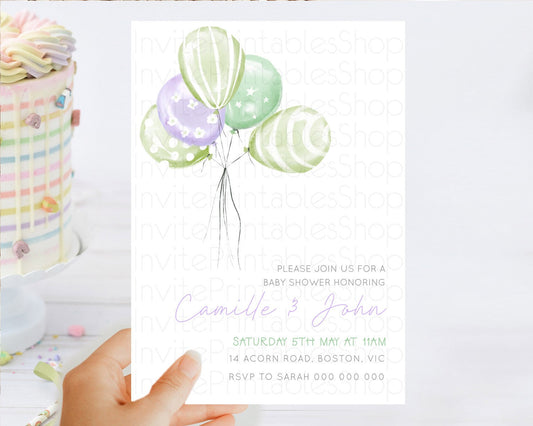 Editable Pastel Green and Purple Balloon Baby Shower Invitation Pastel Ballo