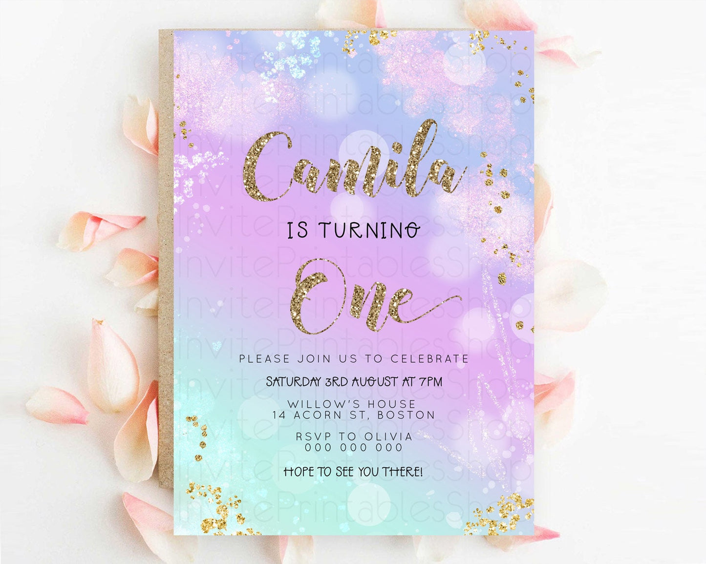 Rainbow Birthday Invitation Colorful Pastel Watercolor Invitation Gold Glitter Sprinkles Ombre Pastel 1st 2nd 3rd Birthday D23127