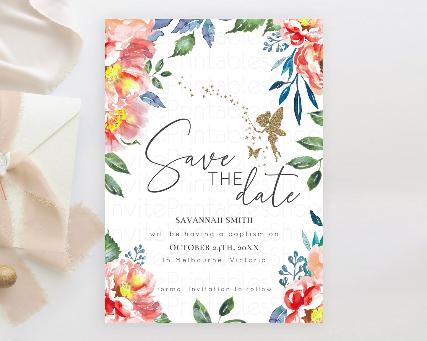 Fairy Save The Date Template Enchanted Garden Pastel Floral Butterfly Party Secret Garden Birthday Baptism Baby Shower Bridal Shower D10752