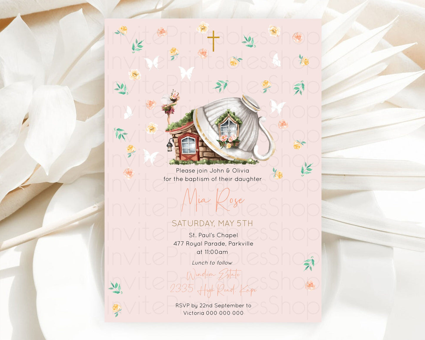 Fairy Baptism Invitation Fairy Baptism 1st Birthday Invitation Enchanted Secret Garden Christening Invite Pastel Floral Butterfly D10384