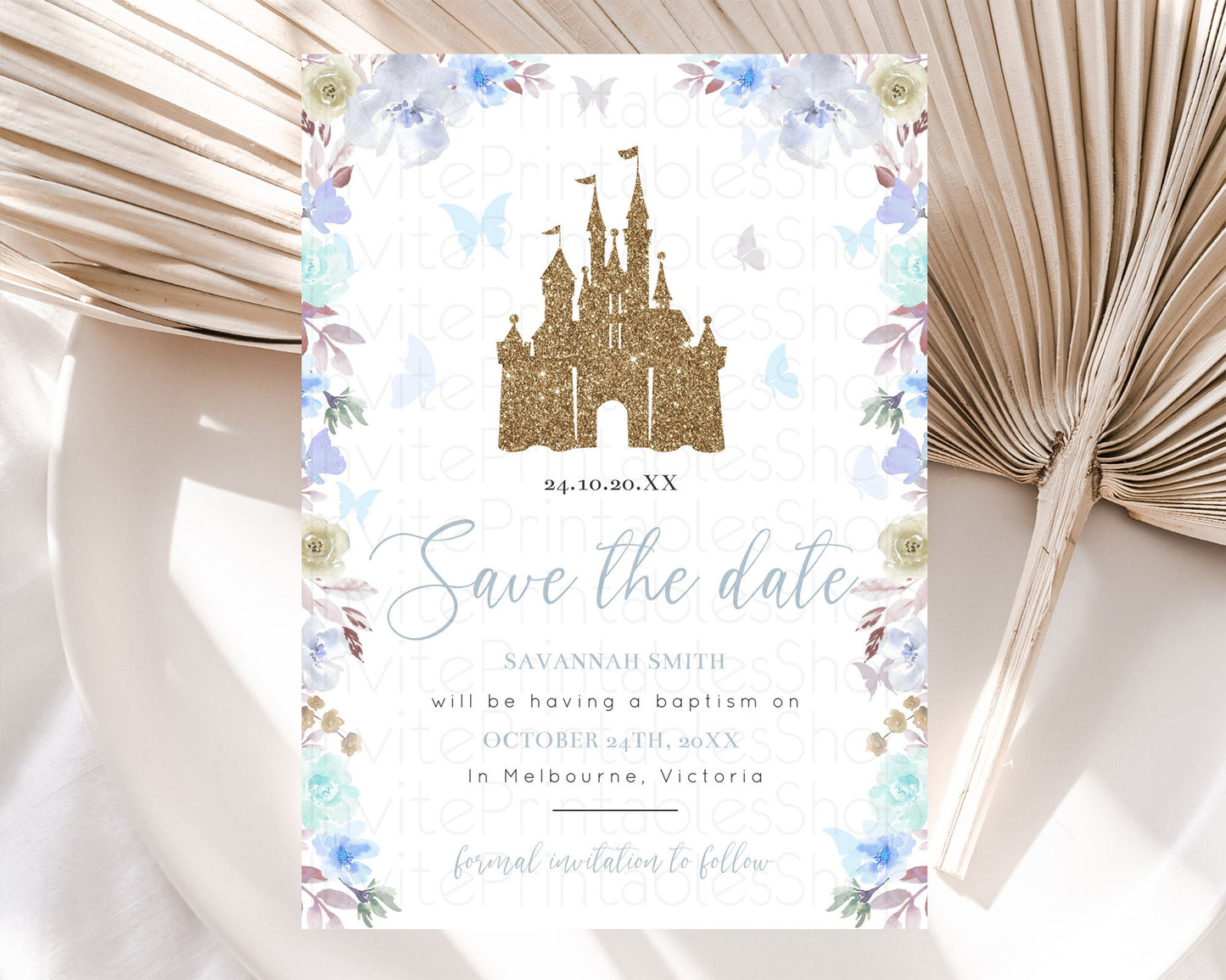 Princess Save The Date Template Secret Garden Enchanted Castle Pastel Floral Royal Party For 1st Birthday Baptism Baby Shower D10932