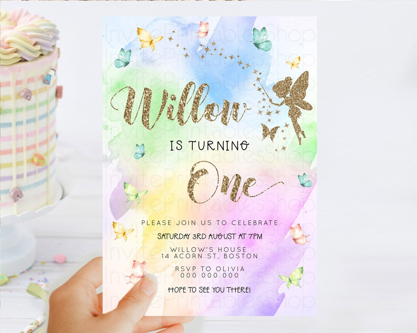 Pastel Fairy Birthday Invitation Pastel Butterflies Fairy Birthday Invitation Rainbow Ombre Watercolor 1st 2nd Birthday Invitation D23351