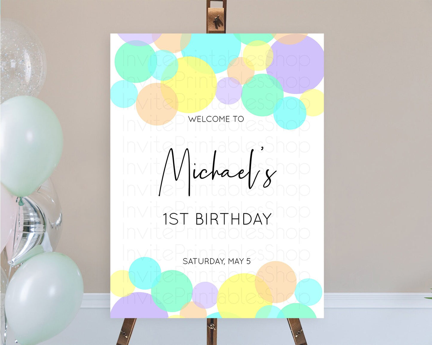 Rainbow Welcome Sign Pastel Welcome Board Pastel Rainbow Confetti Welcome Sign Colorful Bubbles Pastel First Birthday Welcome Sign D10412