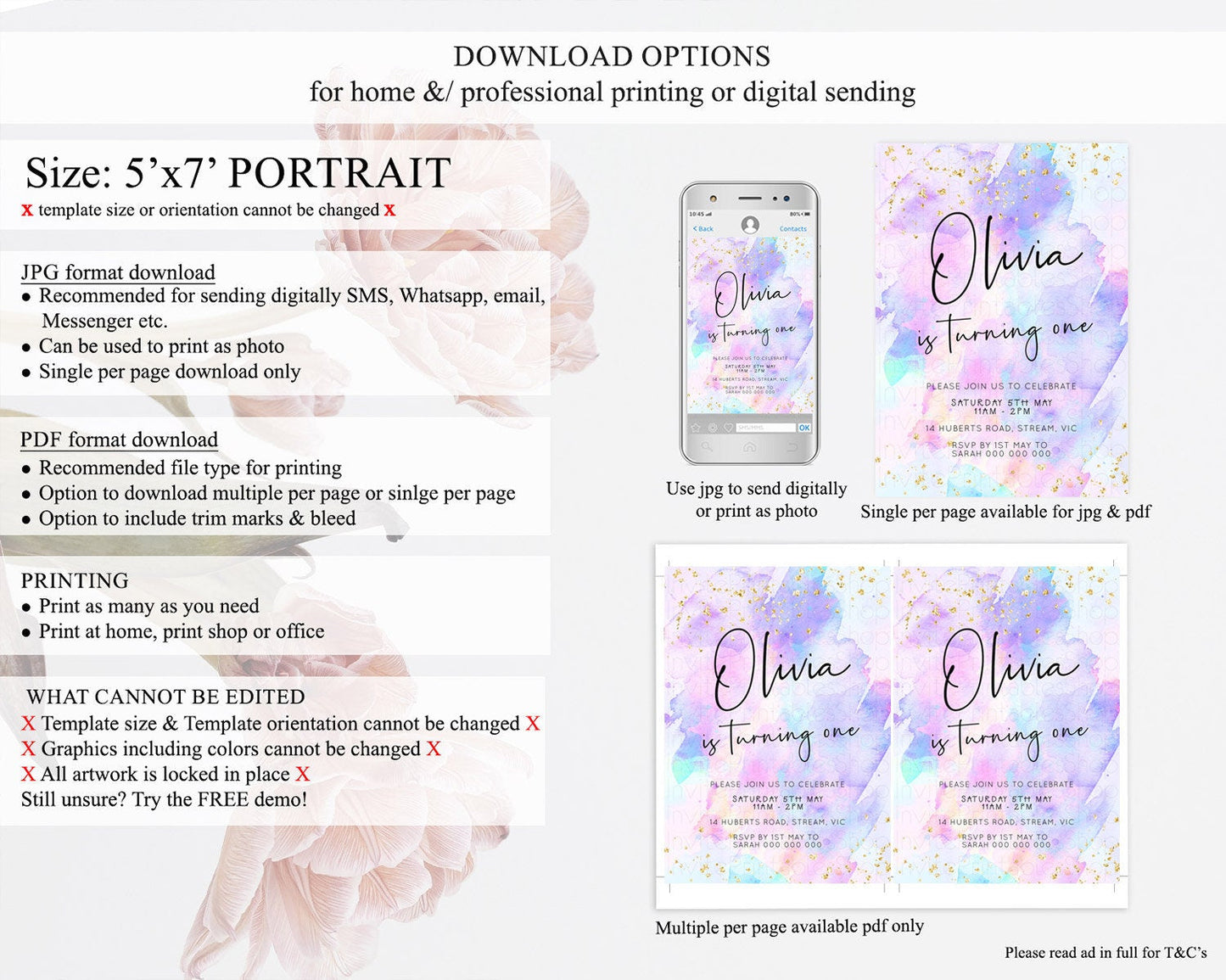 Pastel Birthday Invitation Ombre Watercolor Birthday Invitation Glitter Rainbow Color Splash 1st 2nd 3rd Birthday Invitation D23068