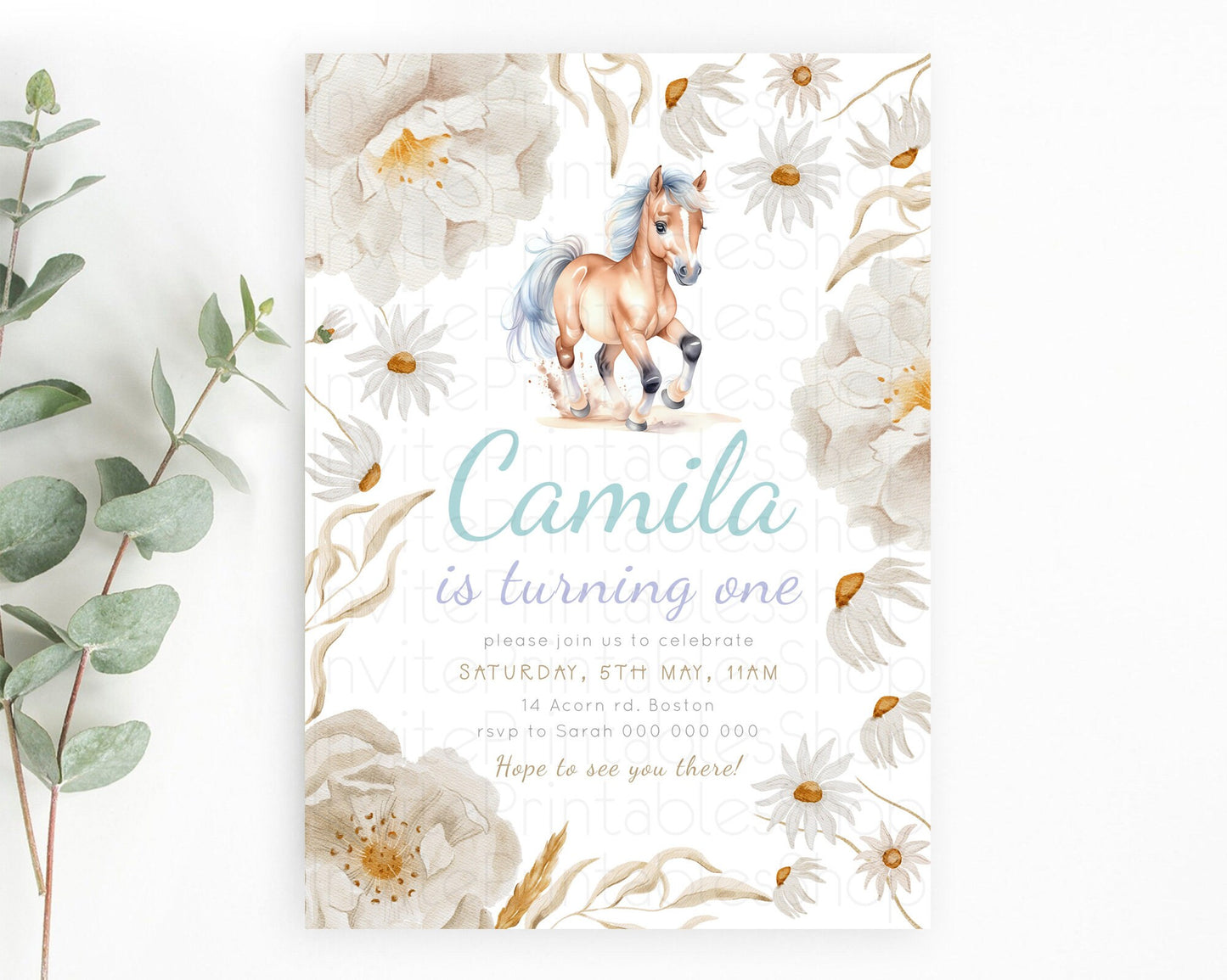 Horse Birthday Invitation, Galloping Wildflower Fields, Pastel Flowers, Butterflies, Flowers Accents for Equestrian & Cowgirls d23378