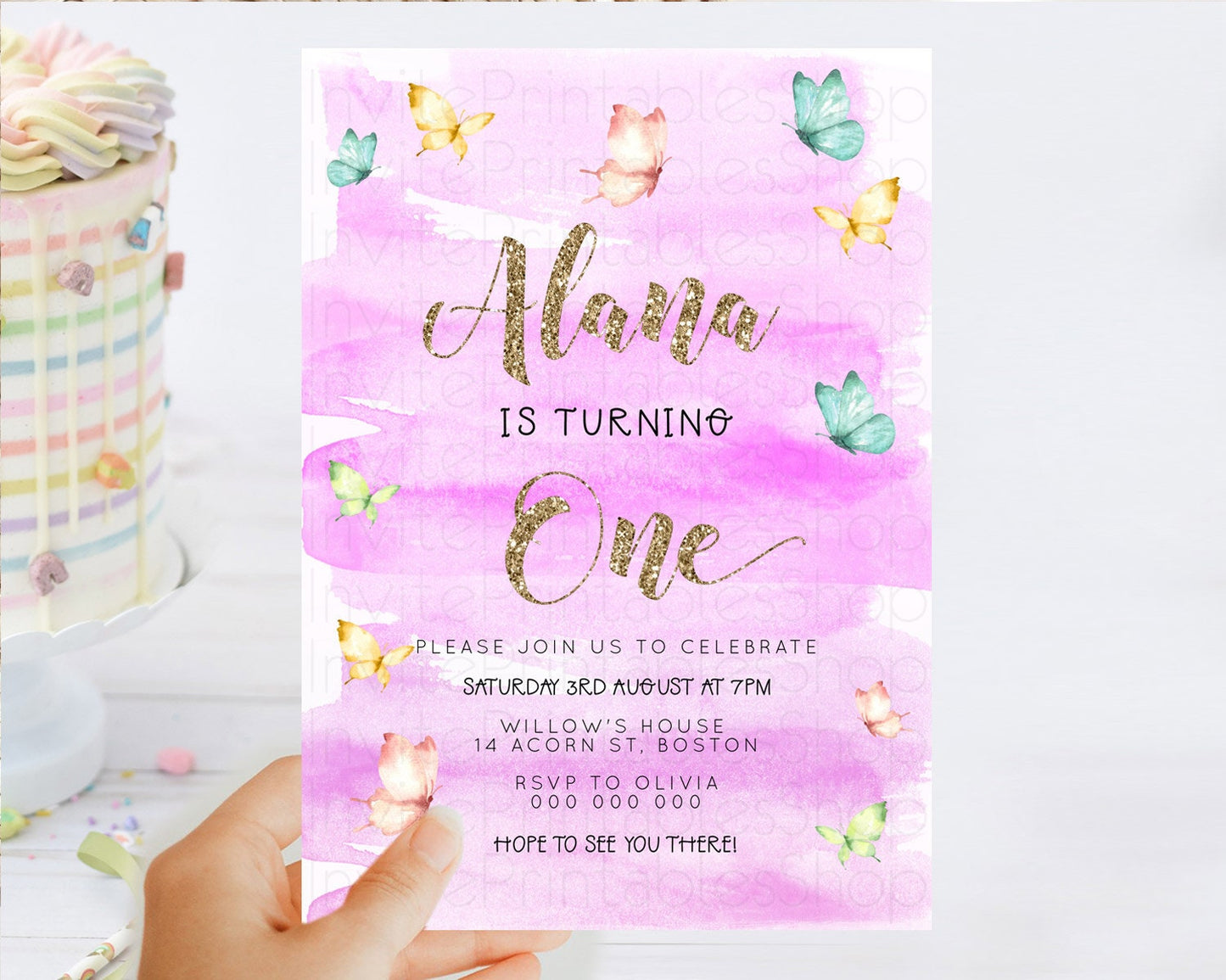 Pastel Butterfly Birthday Invitation Butterfly Birthday Invitation Colorful Splash Glitter Butterfly Garden 1st 2nd Birthday D23232