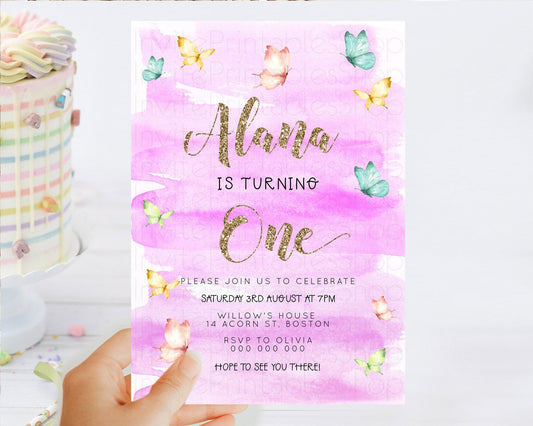 Pastel Butterfly Birthday Invitation Butterfly Birthday Invitation Colorful Splash Glitter Butterfly Garden 1st 2nd Birthday D23232