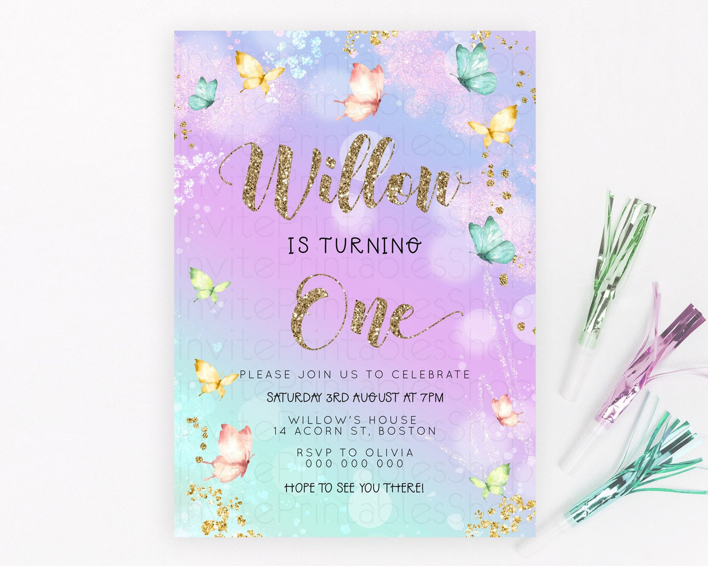 Pastel Butterfly Birthday Invitation Butterfly Birthday Invitation Colorful Splash Glitter Butterfly Garden 1st 2nd Birthday D23091