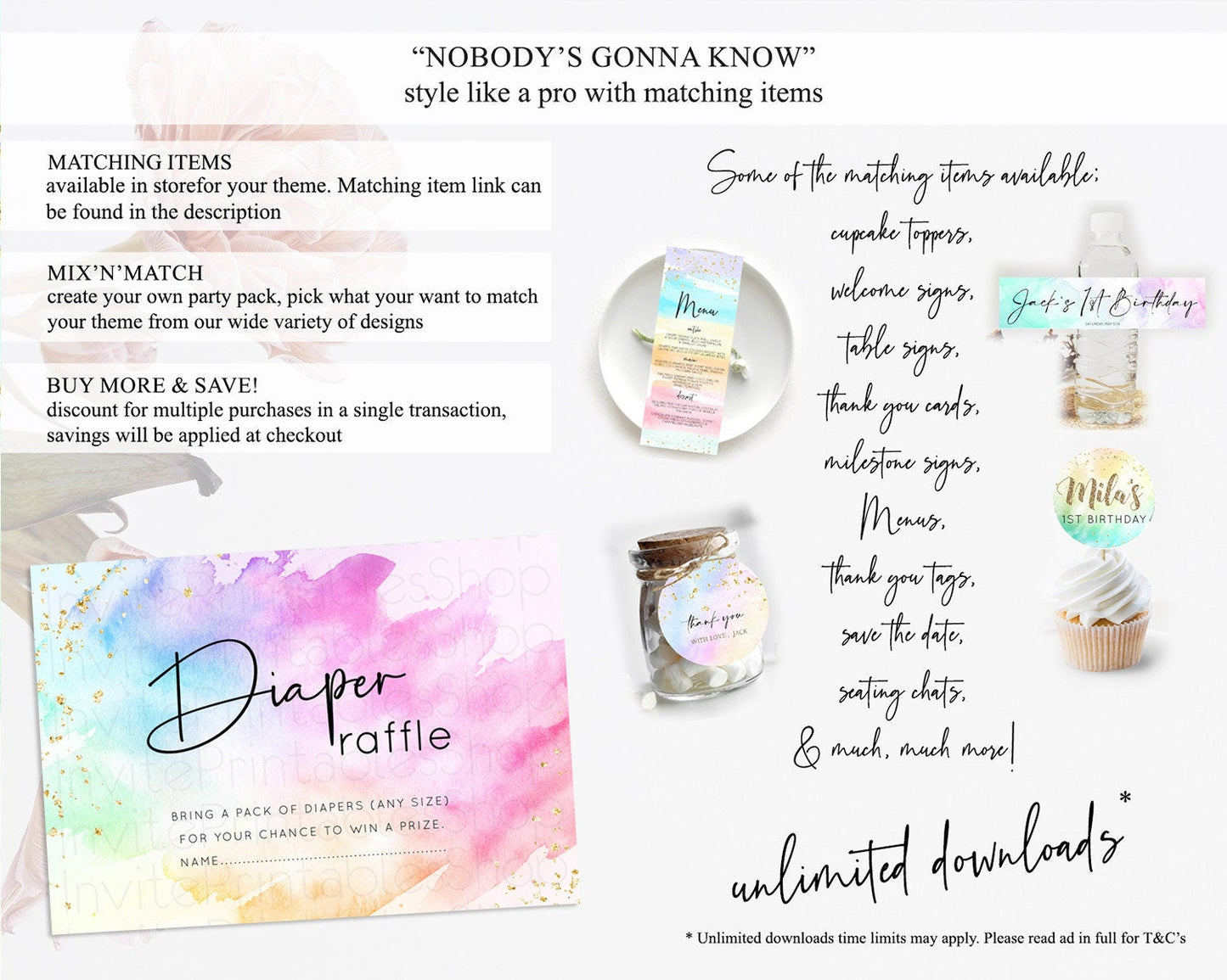 Pastel Diaper Raffle Card Pastel Rainbow Diaper Raffle Insert Colorful Ombre Watercolor Diaper Ticket Confetti Glitter Raffle Game D10449