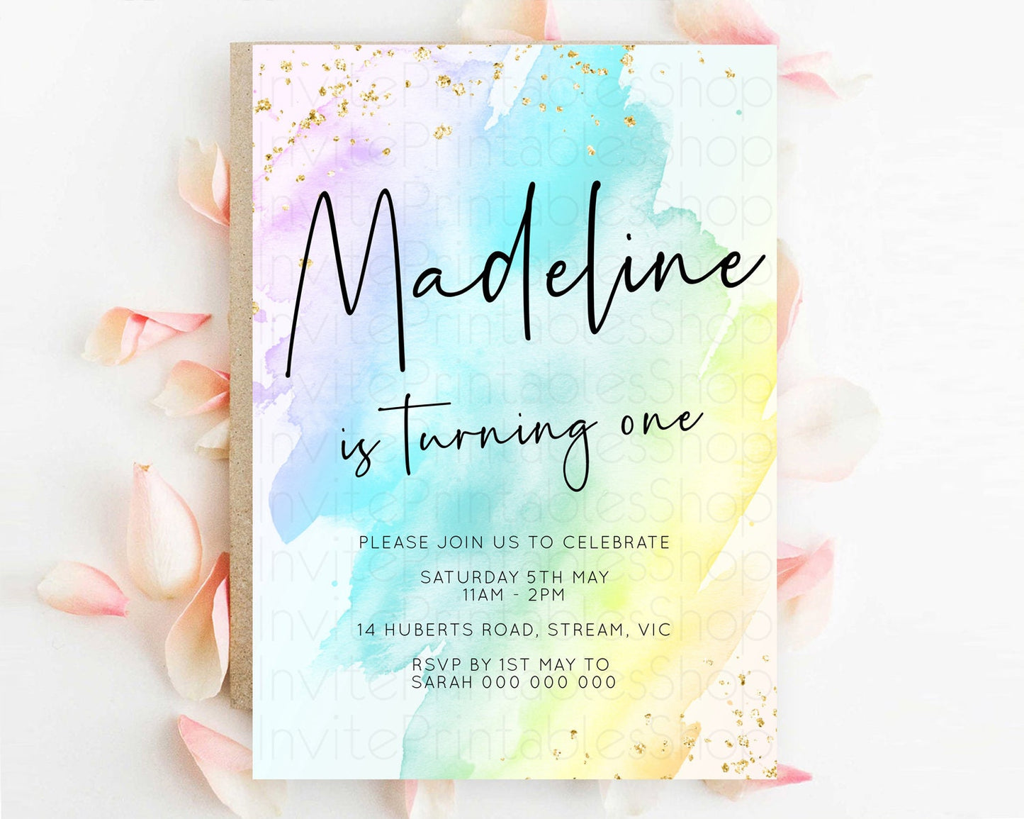 Editable Rainbow Birthday Invitation Colorful Pastel Watercolor Invitation G