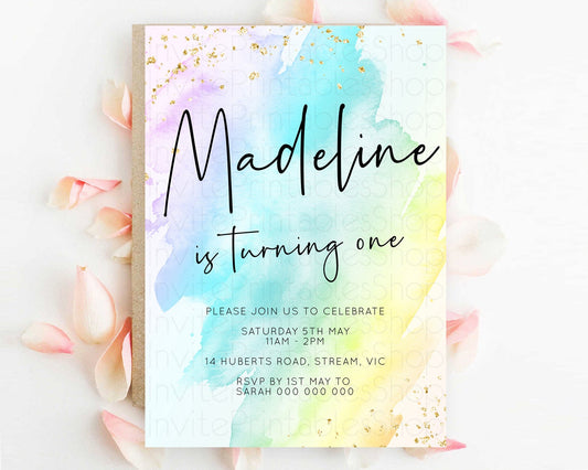 Editable Rainbow Birthday Invitation Colorful Pastel Watercolor Invitation G