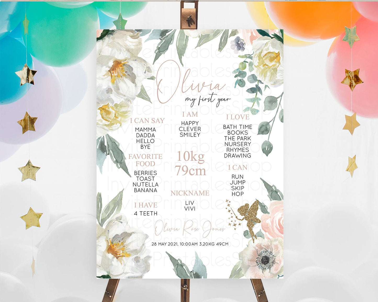 Fairy First Birthday Milestone Poster Fairy Secret Garden Milestone Board Enchanted Garden Pastel Floral Butterfly 1st Birthday Sign D10800