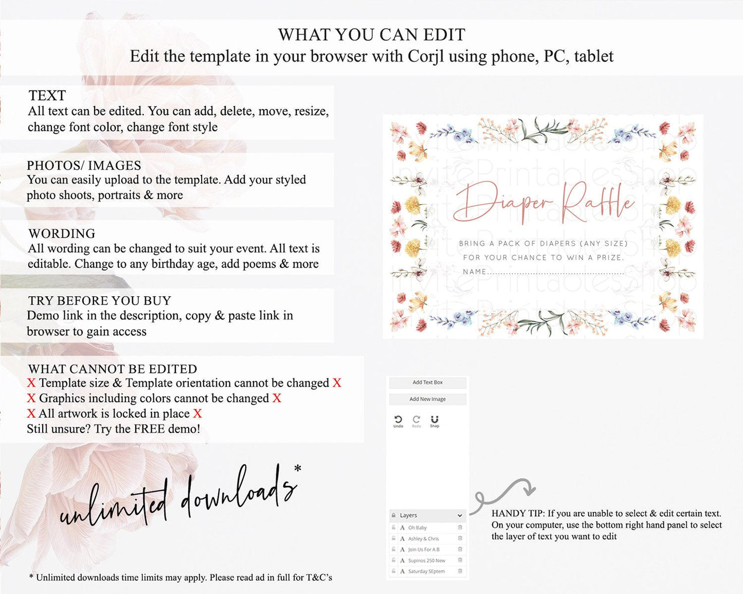 Secret Garden Diaper Raffle Card Boho Wildflower Diaper Raffle Insert Pastel Flower Garden Baby Shower Card Flower Raffle Game D10682