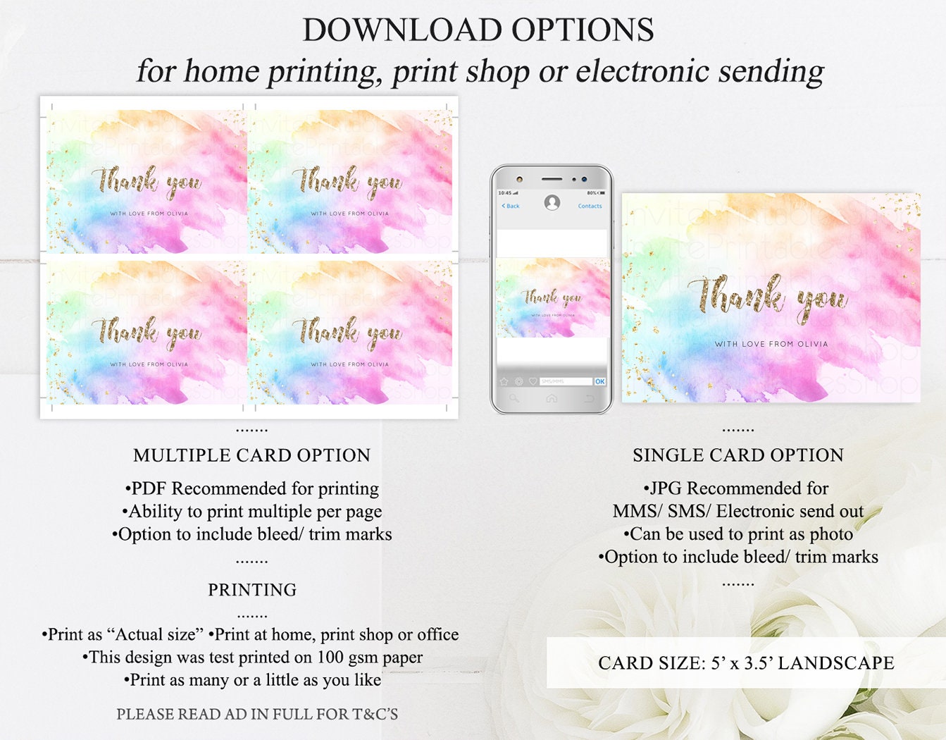 Pastel Rainbow Thank you Colorful Watercolor Folded Gift Cards Custom Note Message Glitter Birthday Engaged Baby Shower Wedding Guests g504