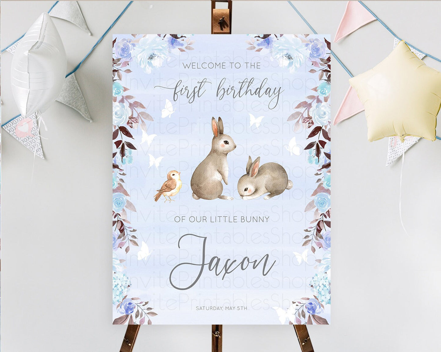 Bunny Welcome Sign Floral Bunny Welcome Board Pastel Flowers Woodland Bunny Welcome Poster Forest Bunny First Birthday Welcome Sign D10923