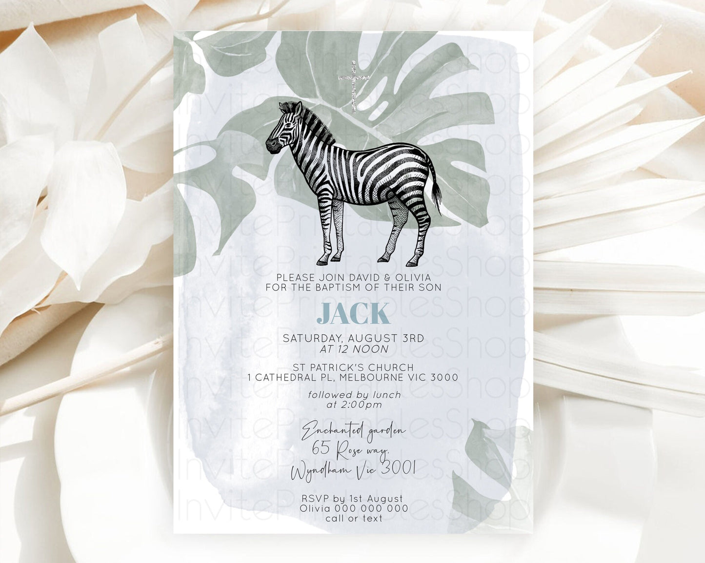 Zebra Baptism Invitation Zebra Baptism 1st Birthday Invitation Jungle Safari Christening Invite Watercolor Tropical Zoo Adventure D10814