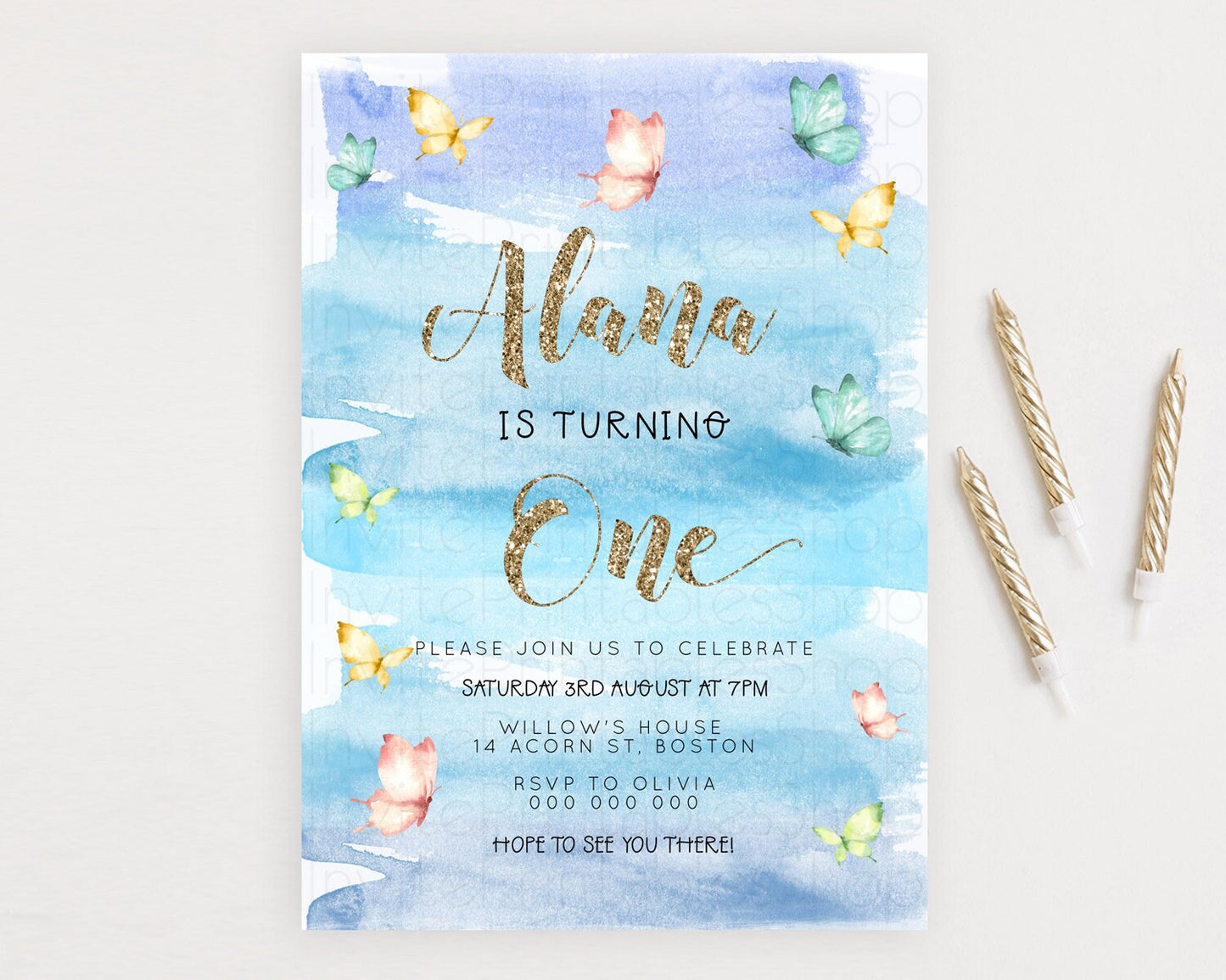 Blue Birthday Invitation Blue Watercolor Invitation Pastel Blue Watercolor Invitation Blue Splash Gold Invitation 1st First Birthday D23230