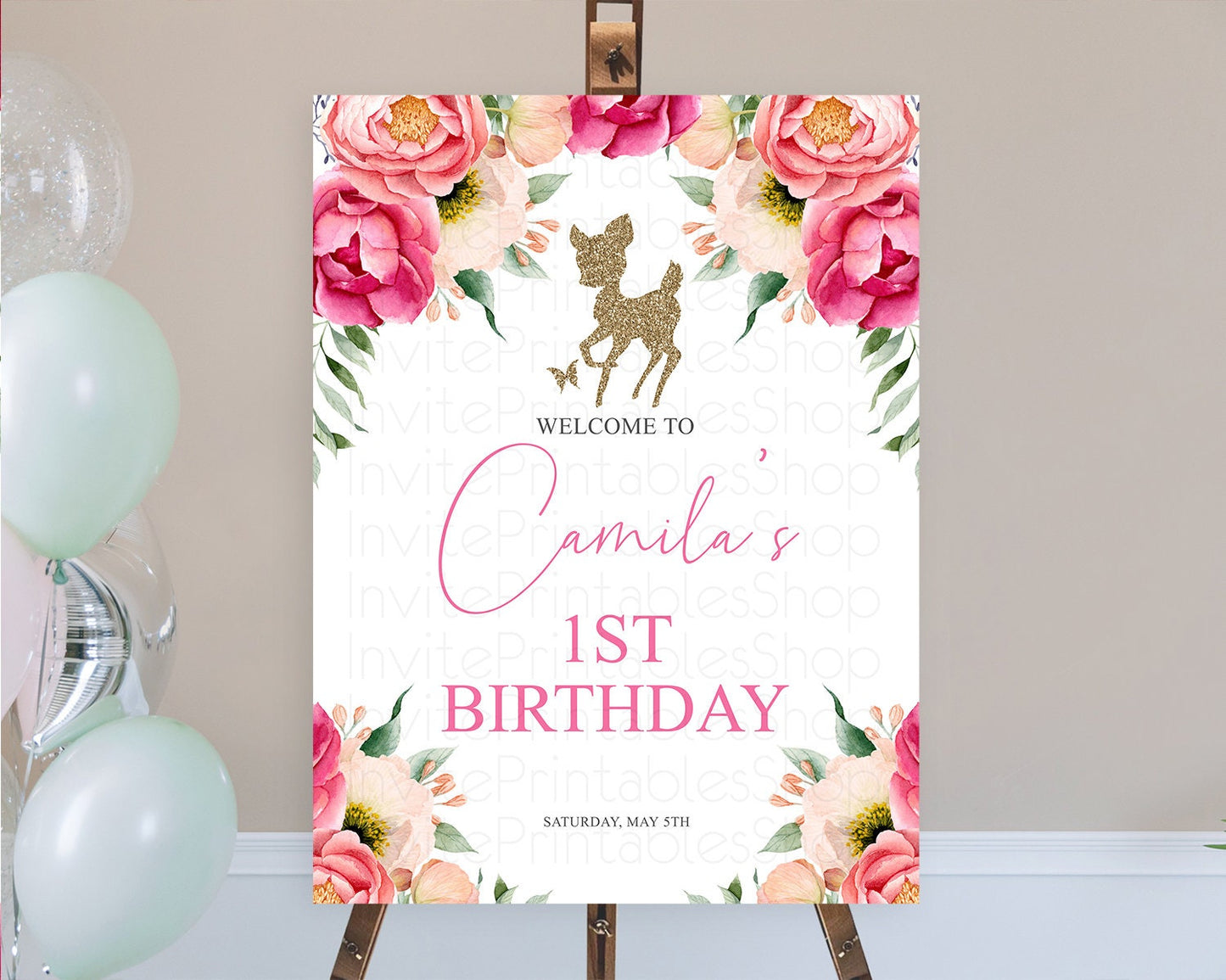 Fawn Welcome Sign Deer Welcome Board Floral Deer Welcome Poster Enchanted Forest Butterfly Pastel Floral First Birthday Welcome Sign D10326