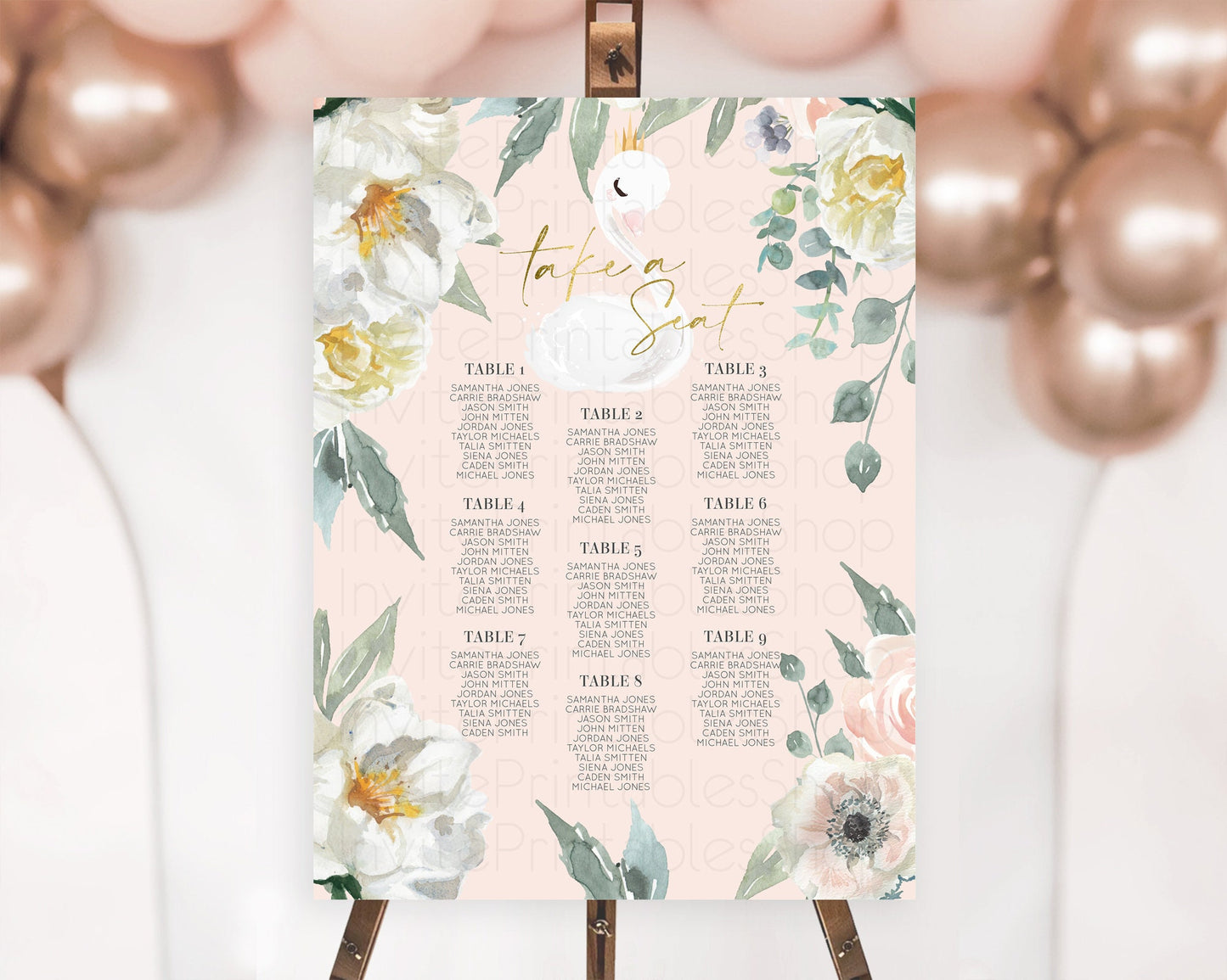 Swan Seating Chart Swan Princess Ballet Seating Sign Watercolour Pastel Floral Enchanted Forest Swan Lake Party Decor Secret Garden D10115