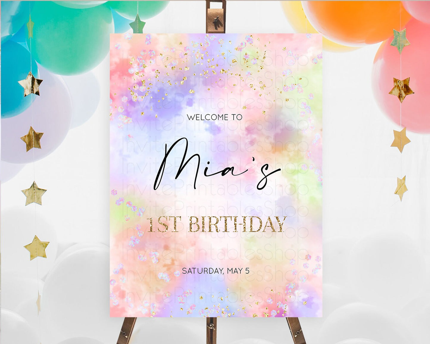 Pastel Welcome Sign Pastel Rainbow Welcome Sign Colorful Rainbow Confetti Watercolor Glitter Pastel First Birthday Welcome Sign D10610