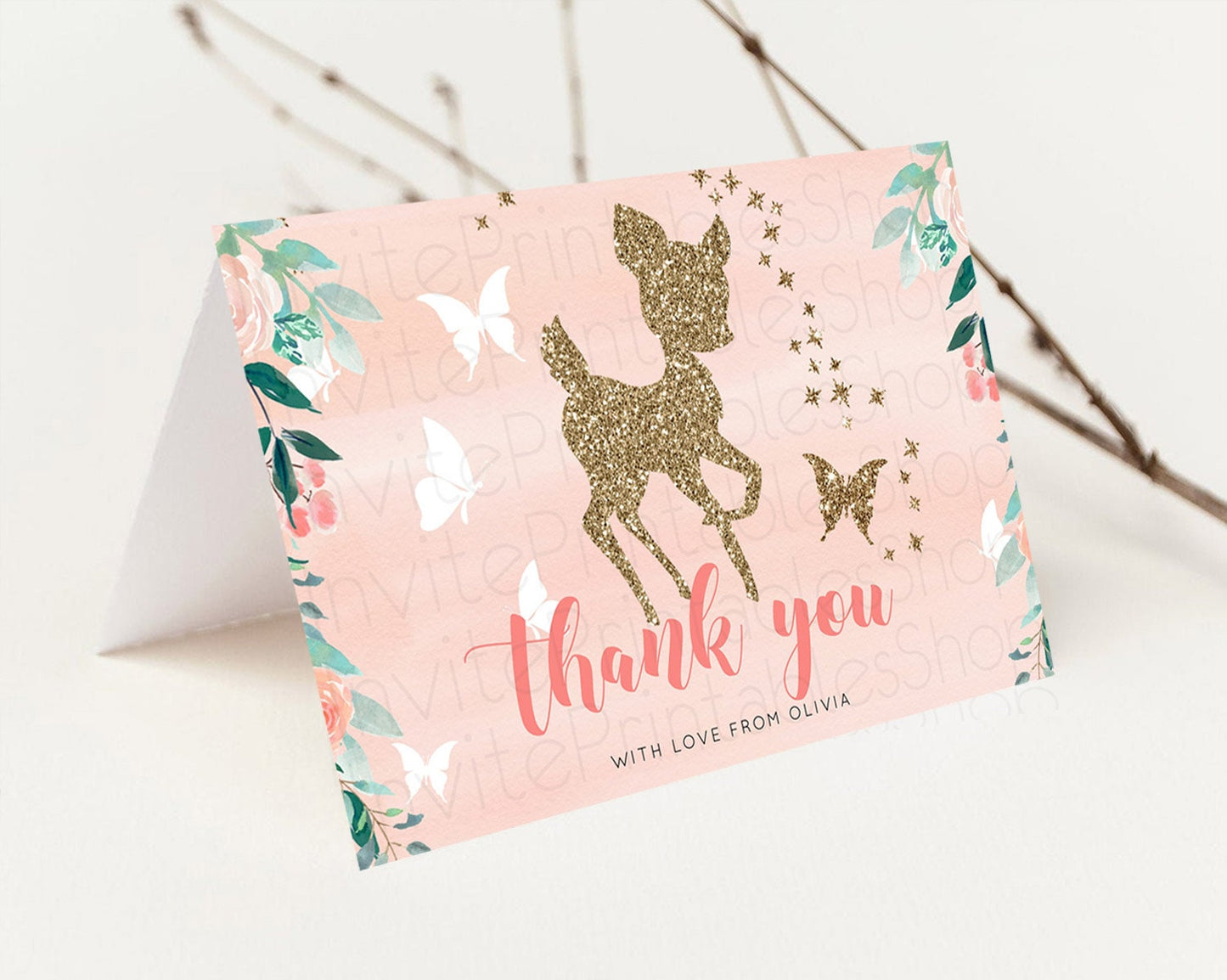 Editable Fawn Thank You Deer Thank You Card Pastel Floral Deer Birthday Than