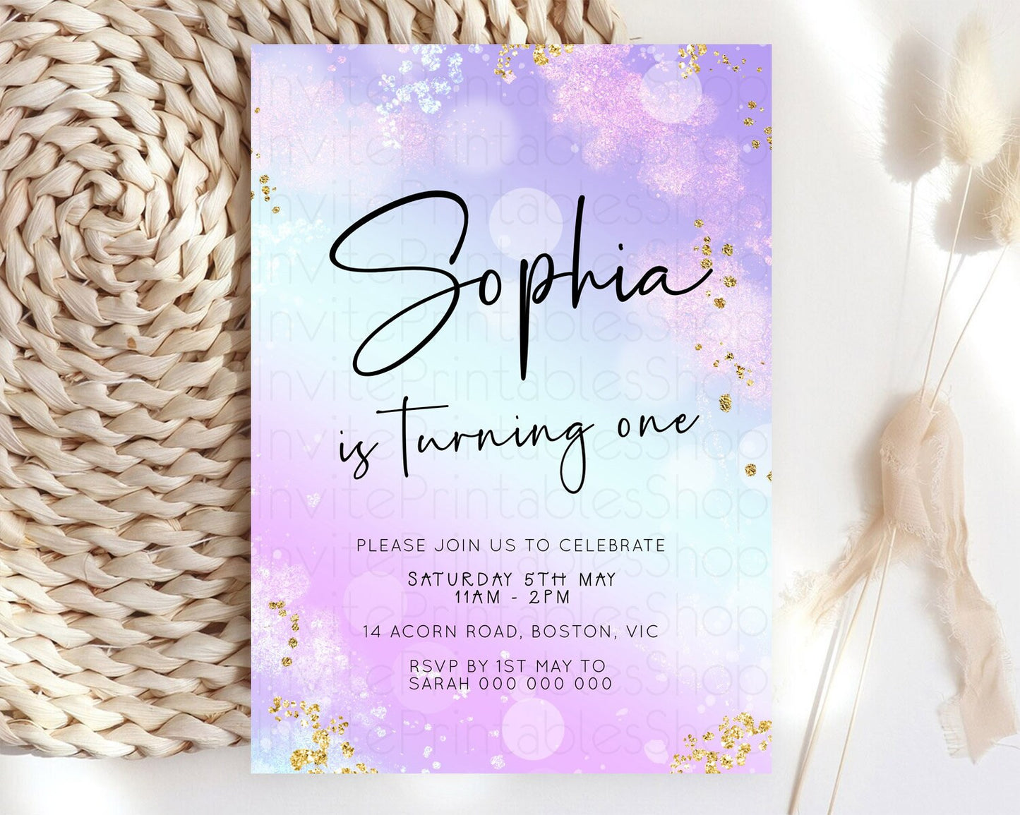 Pastel Birthday Invitation Ombre Watercolor Birthday Invitation Glitter Rainbow Color Splash 1st 2nd 3rd Birthday Invitation D23112