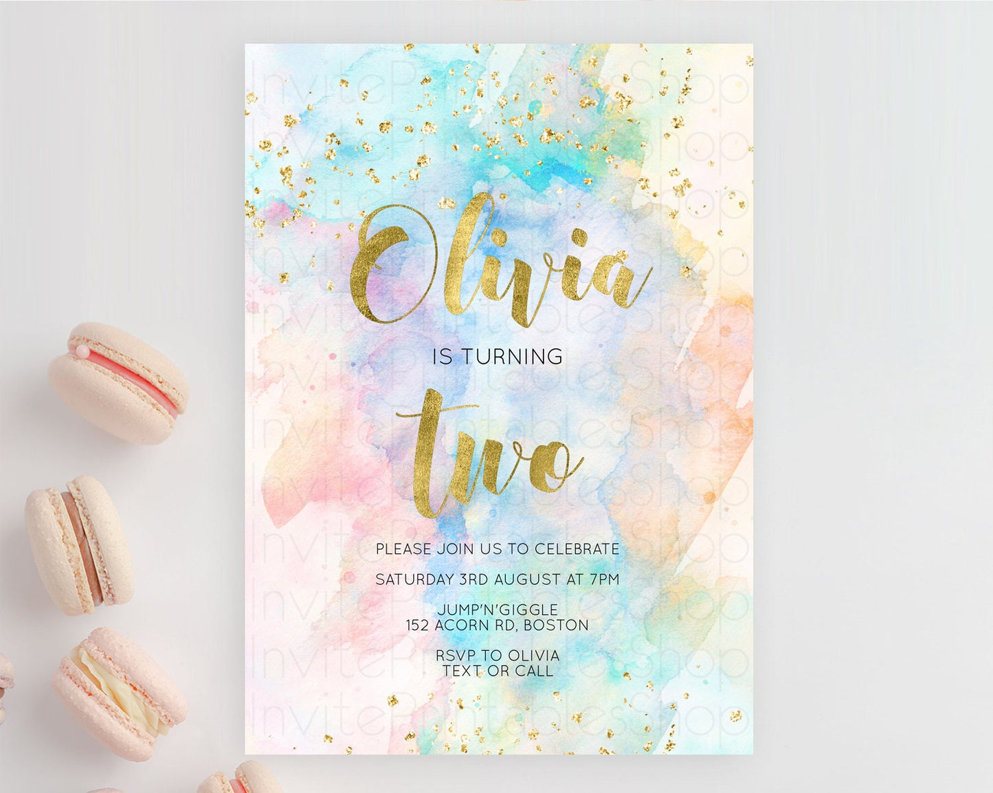 Rainbow Birthday Invitation Colorful Pastel Watercolor Invitation Gold Glitter Sprinkles Ombre Pastel 1st 2nd 3rd Birthday D10272