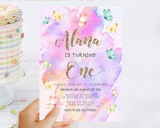 Pastel Butterfly Birthday Invitation Butterfly Birthday Invitation Colorful Splash Glitter Butterfly Garden 1st 2nd Birthday D23251