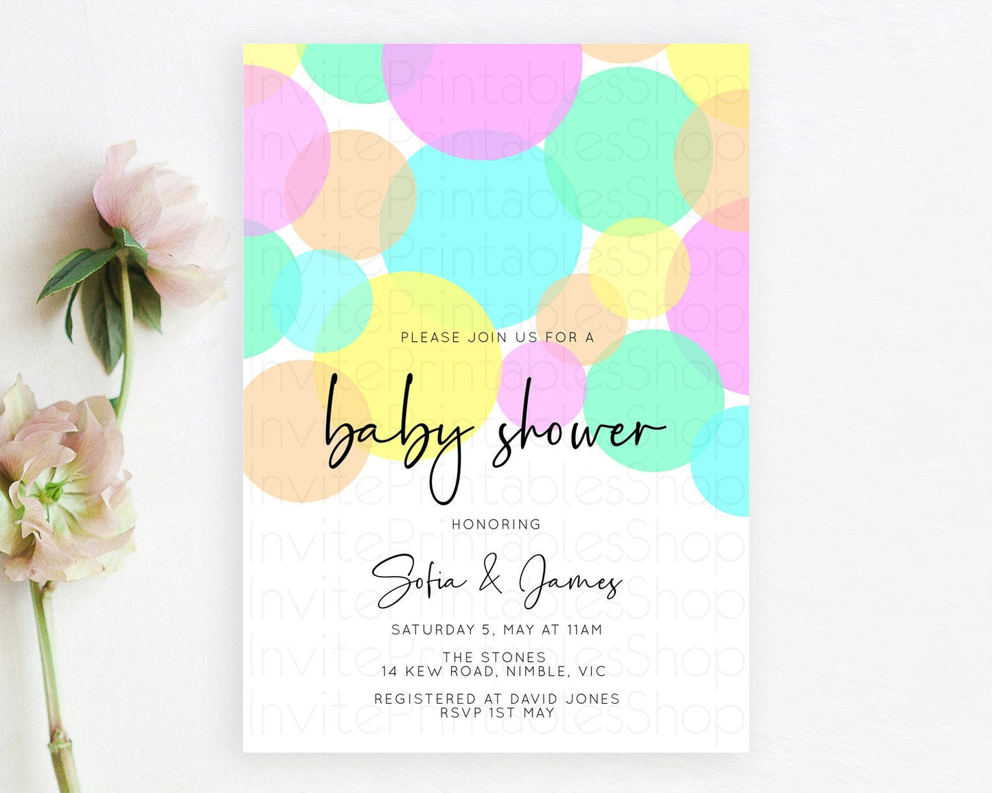 Pastel Rainbow Baby Shower Invitation Pastel Confetti Invitation Sprinkles Bubbles Invitation Colorful Rainbow Confetti Theme D10409