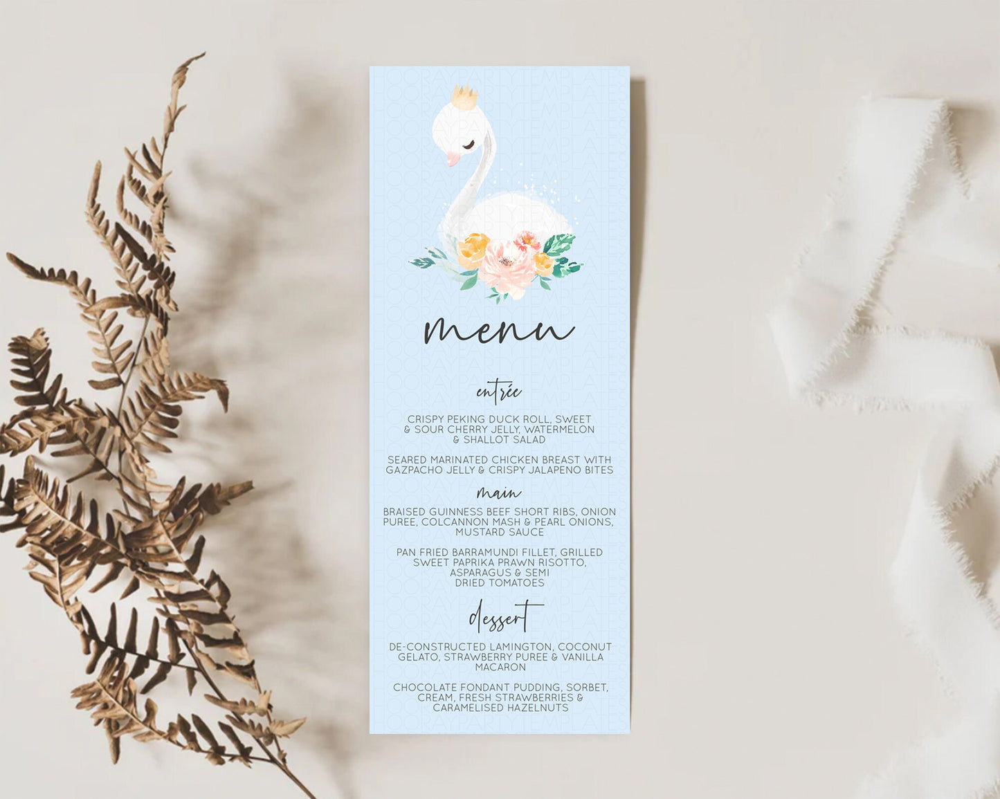 Swan Menu Swan Princess Ballet Menu Template Enchanted Swan Lake Table Decor Secret Garden Pastel Floral Dinner Dessert Food Menu  D10903