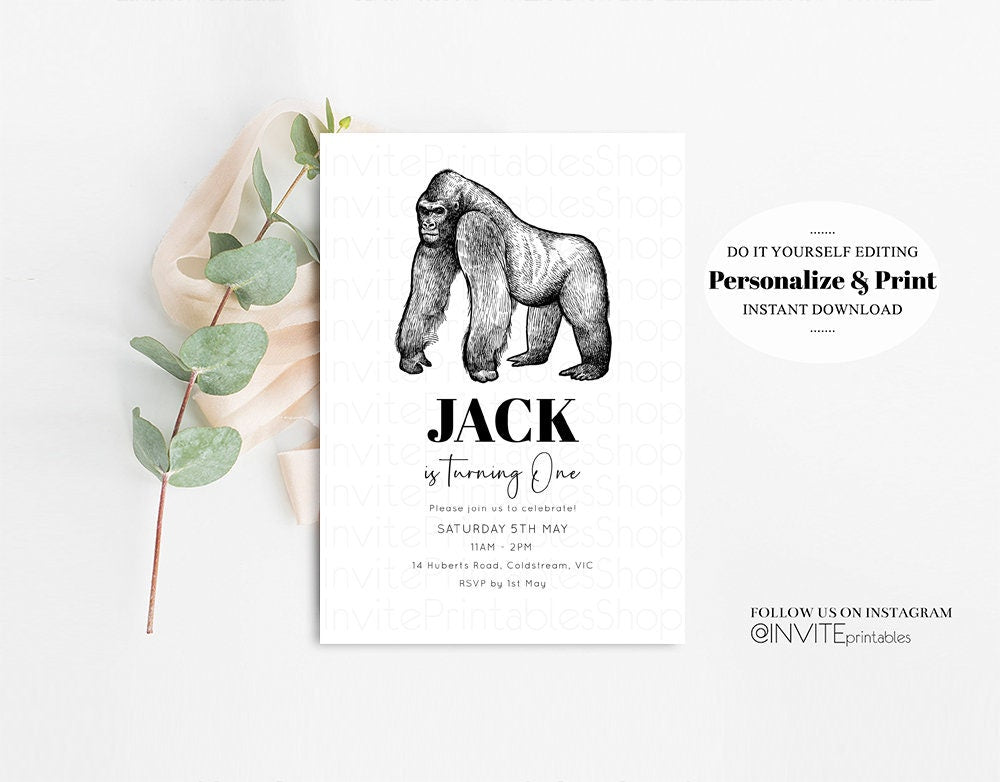 Gorilla Birthday Invitation Gorilla Invite Jungle Safari invite Watercolor Tropical Palm Invite Adventure Zoo Party Wild Animal Party