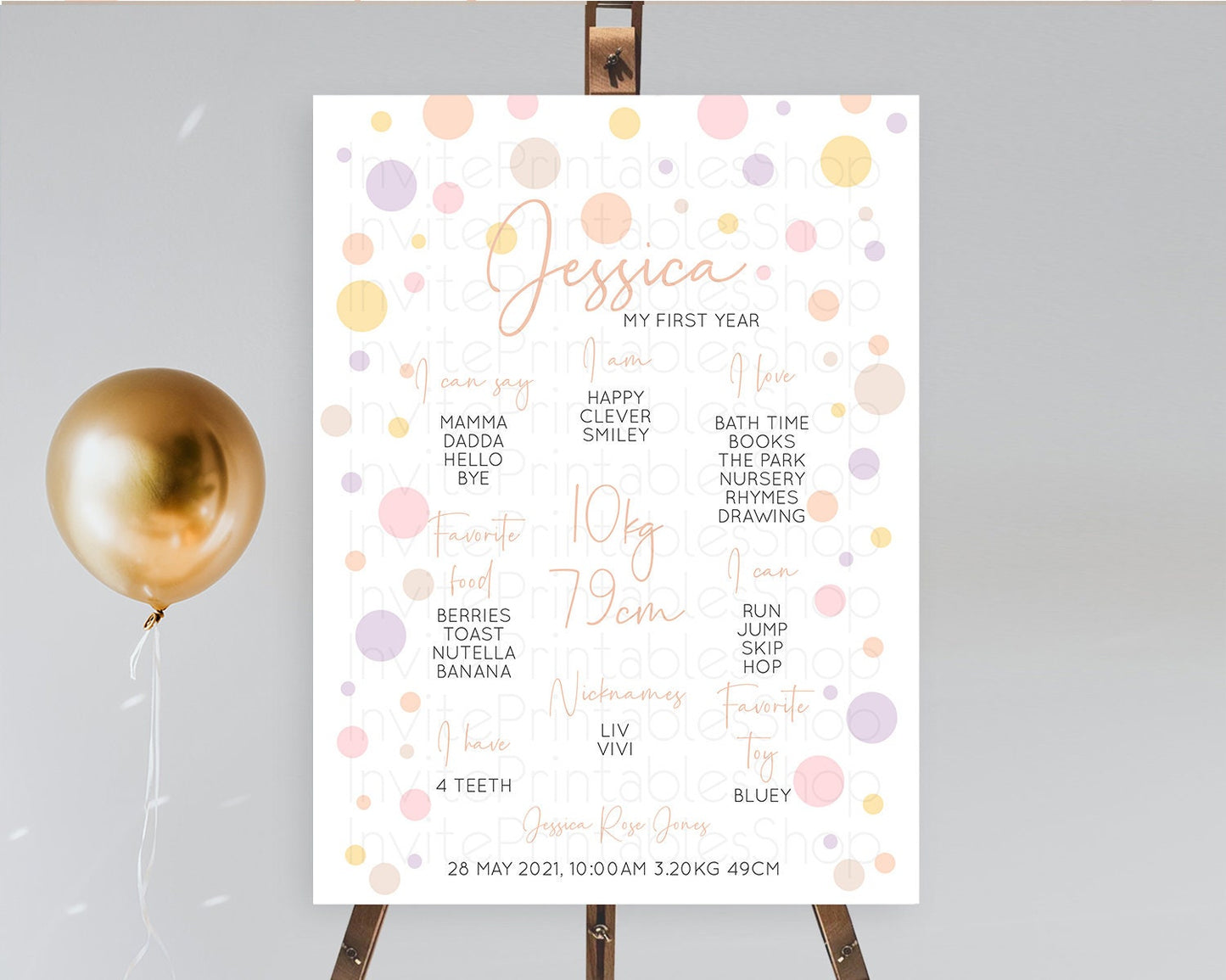 Pastel First Birthday Milestone Poster Pastel Rainbow Confetti First Birthday Milestone Board Colorful Bubbles Birthday Welcome Sign D10759