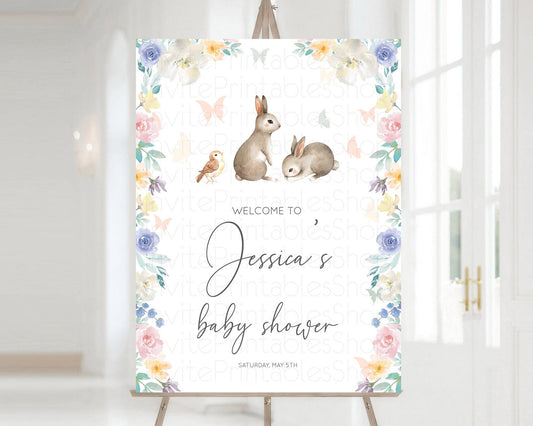 Editable Bunny Baby Shower Welcome Sign Floral Bunny Welcome Board Pastel Fl